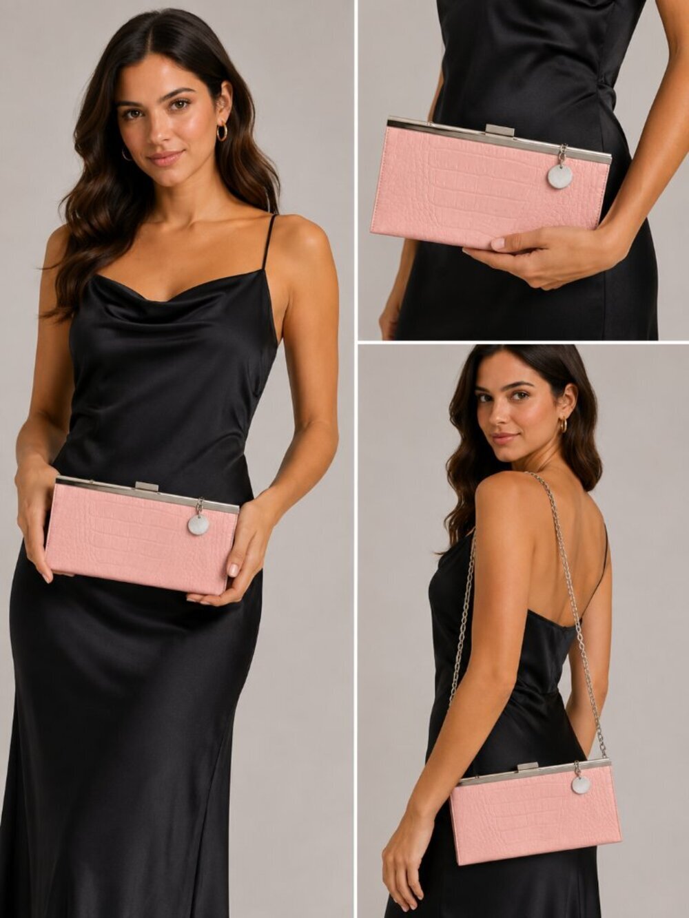 Lillian Vernon Genuine Leather Pink Croc Embossed Frame Clutch Chain Purse